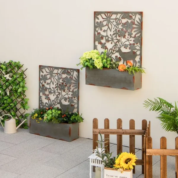 Lot de 2 Jardinières Murales avec Treillis en Métal Bac à Fleurs Décoratives pour Plante Grimpante 60x17x80 cm Rouille