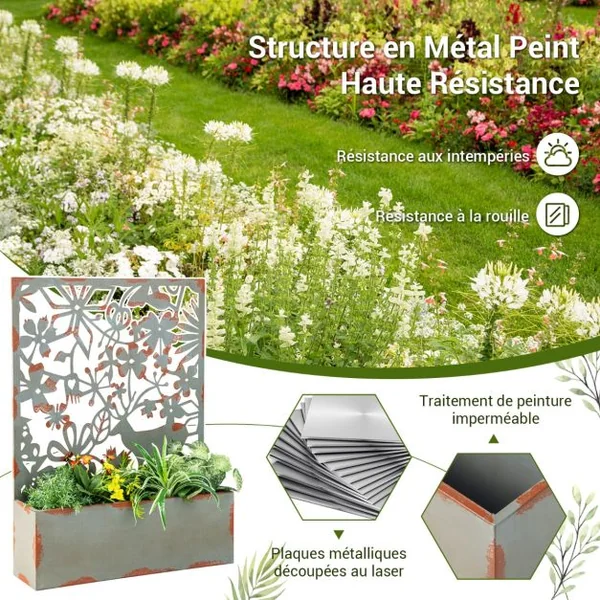 Lot de 2 Jardinières Murales avec Treillis en Métal Bac à Fleurs Décoratives pour Plante Grimpante 60x17x80 cm Rouille