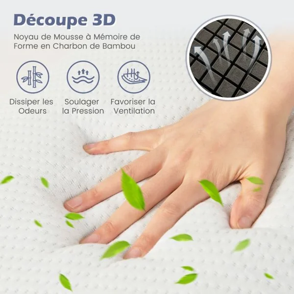 Lot de 2 Oreillers en Mousse à Mémoire de Forme avec Charbon Oreillers Rafraîchissants Découpe 3D Taie d'Oreiller Amovible