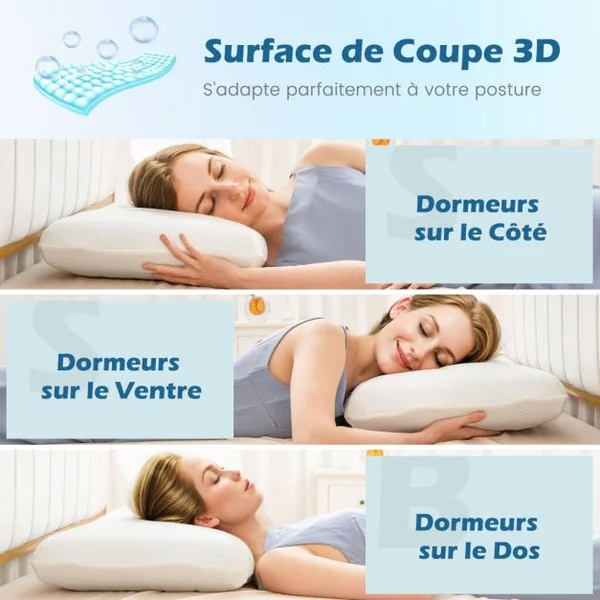 Lot de 2 Oreillers en Mousse à Mémoire de Forme avec Gel Oreillers Rafraîchissants Découpe 3D Taie d'Oreiller Amovible