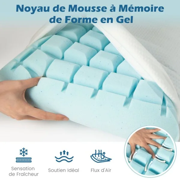Lot de 2 Oreillers en Mousse à Mémoire de Forme avec Gel Oreillers Rafraîchissants Découpe 3D Taie d'Oreiller Amovible