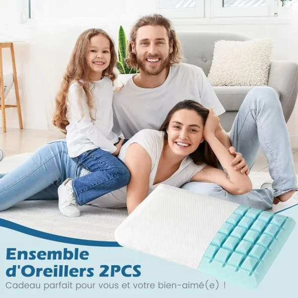 Lot de 2 Oreillers en Mousse à Mémoire de Forme avec Gel Oreillers Rafraîchissants Découpe 3D Taie d'Oreiller Amovible