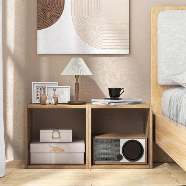 Lot de 2 Organiseurs de Rangement Cubiques Armoire à Treillis Combinée Bibliothèque Ouverte Empilable Porte-disque Vinyle Au Sol Naturel