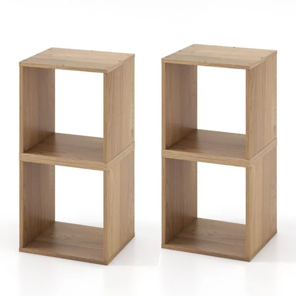 Lot de 2 Organiseurs de Rangement Cubiques Armoire à Treillis Combinée Bibliothèque Ouverte Empilable Porte-disque Vinyle Au Sol Naturel
