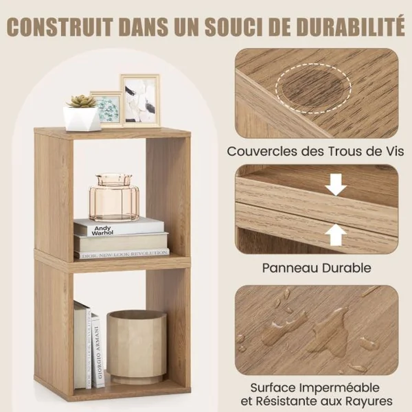 Lot de 2 Organiseurs de Rangement Cubiques Armoire à Treillis Combinée Bibliothèque Ouverte Empilable Porte-disque Vinyle Au Sol Naturel