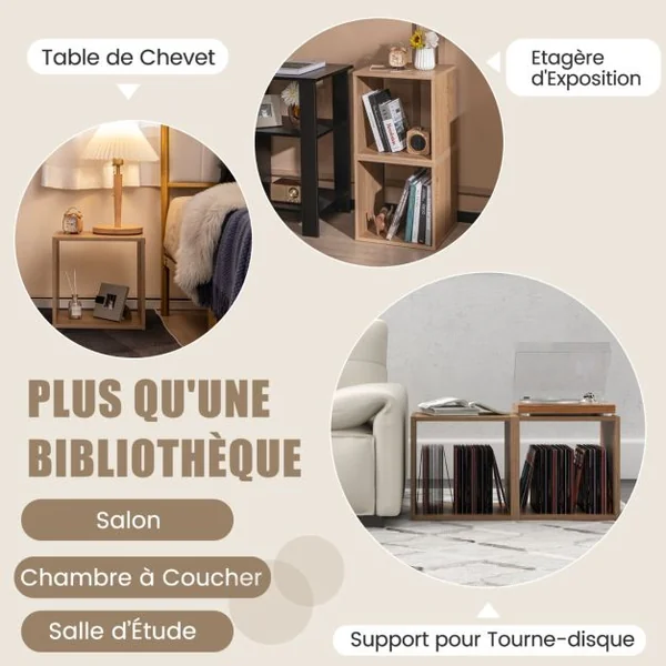 Lot de 2 Organiseurs de Rangement Cubiques Armoire à Treillis Combinée Bibliothèque Ouverte Empilable Porte-disque Vinyle Au Sol Naturel