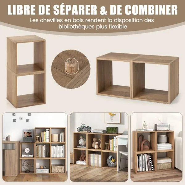 Lot de 2 Organiseurs de Rangement Cubiques Armoire à Treillis Combinée Bibliothèque Ouverte Empilable Porte-disque Vinyle Au Sol Naturel