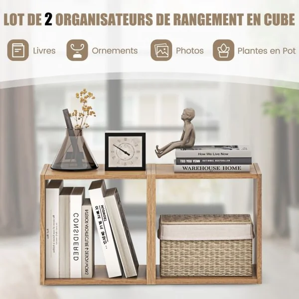 Lot de 2 Organiseurs de Rangement Cubiques Armoire à Treillis Combinée Bibliothèque Ouverte Empilable Porte-disque Vinyle Au Sol Naturel