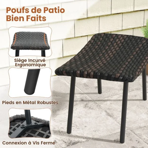 Lot de 2 Ottomans d’Extérieur Poufs Polyvalents en Rotin Mousse Rembourrée à Séchage Rapide Pieds en Métal Repose-Pieds Extérieur en Osier