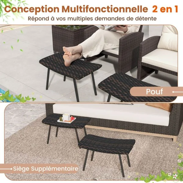 Lot de 2 Ottomans d’Extérieur Poufs Polyvalents en Rotin Mousse Rembourrée à Séchage Rapide Pieds en Métal Repose-Pieds Extérieur en Osier