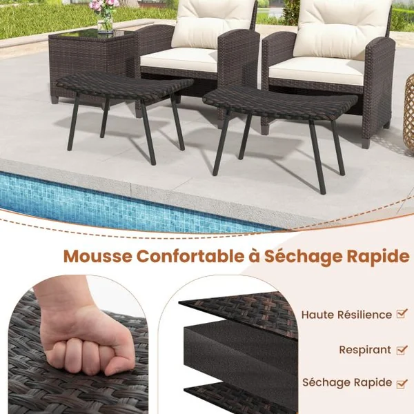 Lot de 2 Ottomans d’Extérieur Poufs Polyvalents en Rotin Mousse Rembourrée à Séchage Rapide Pieds en Métal Repose-Pieds Extérieur en Osier