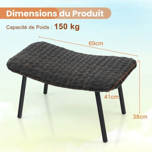Lot de 2 Ottomans d’Extérieur Poufs Polyvalents en Rotin Mousse Rembourrée à Séchage Rapide Pieds en Métal Repose-Pieds Extérieur en Osier