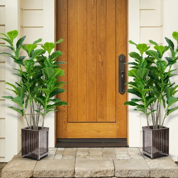 Lot de 2 Plante Artificiel Figuier 140cm Feuillage Luxuriant Ficus Lyrata Décoration Intérieure Extérieure Pot Inclus
