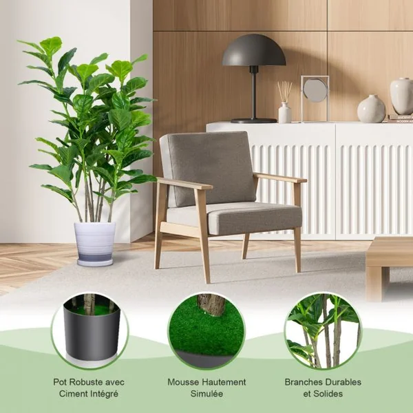 Lot de 2 Plante Artificiel Figuier 140cm Feuillage Luxuriant Ficus Lyrata Décoration Intérieure Extérieure Pot Inclus
