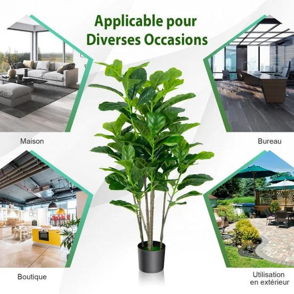 Lot de 2 Plante Artificiel Figuier 140cm Feuillage Luxuriant Ficus Lyrata Décoration Intérieure Extérieure Pot Inclus