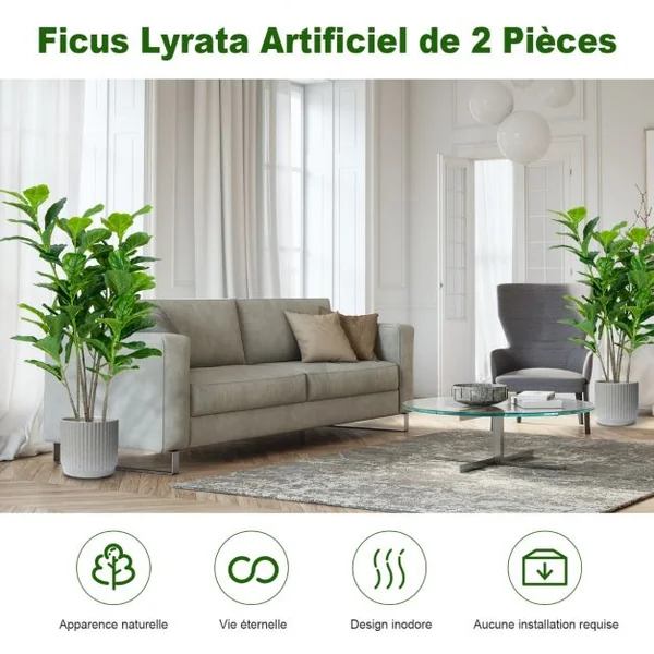 Lot de 2 Plante Artificiel Figuier 140cm Feuillage Luxuriant Ficus Lyrata Décoration Intérieure Extérieure Pot Inclus