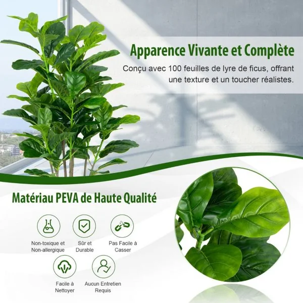 Lot de 2 Plante Artificiel Figuier 140cm Feuillage Luxuriant Ficus Lyrata Décoration Intérieure Extérieure Pot Inclus