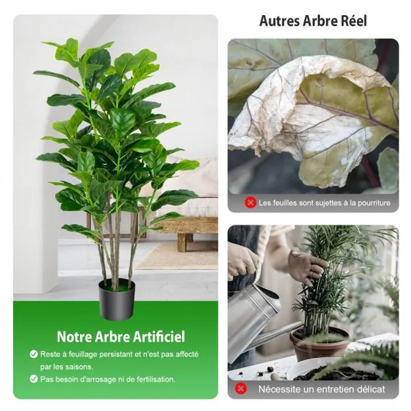Lot de 2 Plante Artificiel Figuier 140cm Feuillage Luxuriant Ficus Lyrata Décoration Intérieure Extérieure Pot Inclus