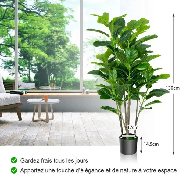 Lot de 2 Plante Artificiel Figuier 140cm Feuillage Luxuriant Ficus Lyrata Décoration Intérieure Extérieure Pot Inclus