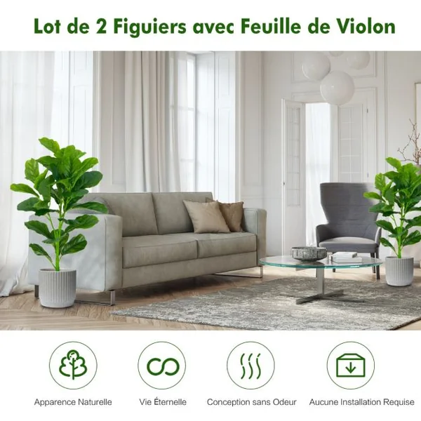 Lot de 2 Plantes Artificielles 90CM avec Pot Décoration en Mousse Fausse Ficus Lyrata 32 Feuilles Fiddle Leaf Figuier Décoration du Magasin Maison
