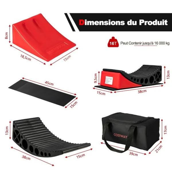 Lot de 2 Rampes de Nivellement pour Voiture 16 T Bande Fluorescente 2 Tapis en Caoutchouc pour Camping-car Véhicules