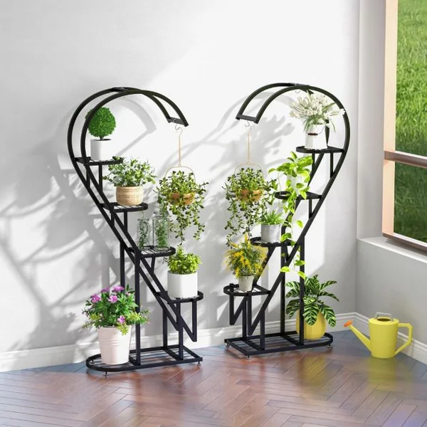 Lot de 2 Supports pour Plantes en Métal-Crochet Étagère à Fleurs Porte Plantes en Forme de Demi-cœur Salon Balcon Blanc/Noir/Bleu+Rose