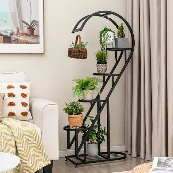 Lot de 2 Supports pour Plantes en Métal-Crochet Étagère à Fleurs Porte Plantes en Forme de Demi-cœur Salon Balcon Blanc/Noir/Bleu+Rose
