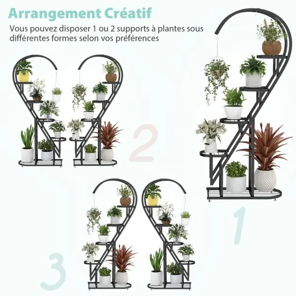 Lot de 2 Supports pour Plantes en Métal-Crochet Étagère à Fleurs Porte Plantes en Forme de Demi-cœur Salon Balcon Blanc/Noir/Bleu+Rose