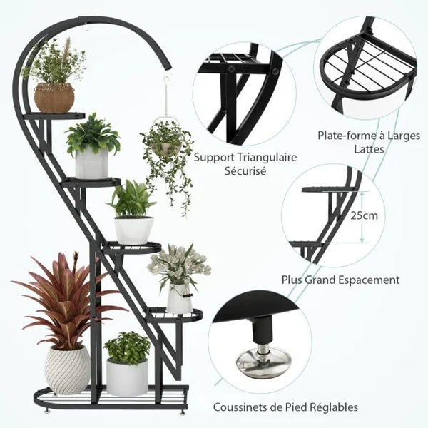 Lot de 2 Supports pour Plantes en Métal-Crochet Étagère à Fleurs Porte Plantes en Forme de Demi-cœur Salon Balcon Blanc/Noir/Bleu+Rose