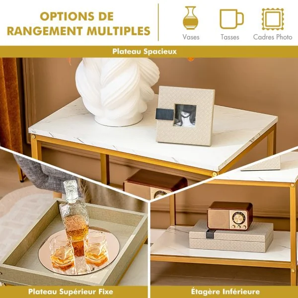 Lot de 2 Tables Basses Gigognes Effect Marbre Design Scandinave Tables D'appoint Empilable Gigognes