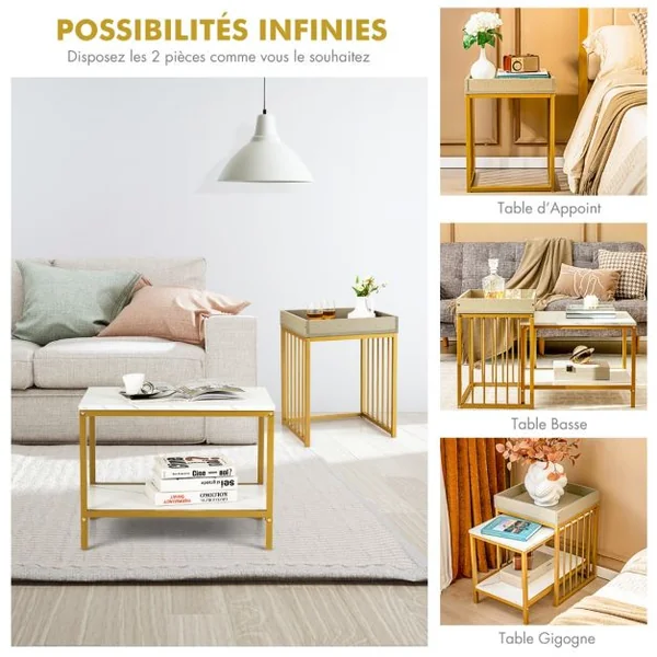 Lot de 2 Tables Basses Gigognes Effect Marbre Design Scandinave Tables D'appoint Empilable Gigognes