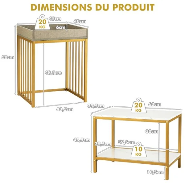 Lot de 2 Tables Basses Gigognes Effect Marbre Design Scandinave Tables D'appoint Empilable Gigognes