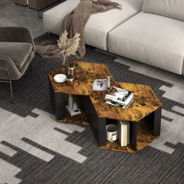 Lot de 2 Tables Basses Gigognes Empilables Bout de Canapé Hexagonales avec Étagères Ouvertes Marron Rustique 110 x 63 x 35 cm