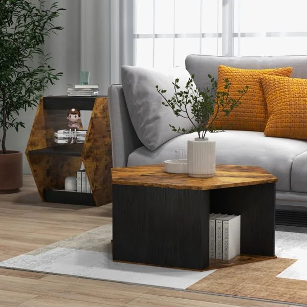 Lot de 2 Tables Basses Gigognes Empilables Bout de Canapé Hexagonales avec Étagères Ouvertes Marron Rustique 110 x 63 x 35 cm