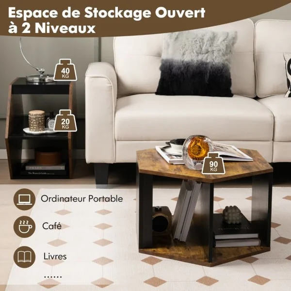 Lot de 2 Tables Basses Gigognes Empilables Bout de Canapé Hexagonales avec Étagères Ouvertes Marron Rustique 110 x 63 x 35 cm