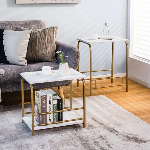 Lot de 2 Tables Basses Gigognes Modernes en Effet Marbre avec Structures en Acier pour Salon Chambre Bureau Blanc et Doré