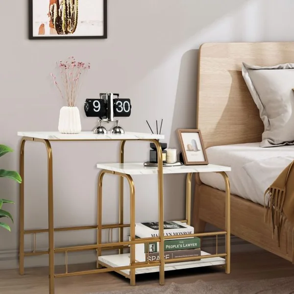 Lot de 2 Tables Basses Gigognes Modernes en Effet Marbre avec Structures en Acier pour Salon Chambre Bureau Blanc et Doré