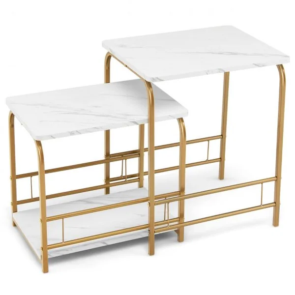 Lot de 2 Tables Basses Gigognes Modernes en Effet Marbre avec Structures en Acier pour Salon Chambre Bureau Blanc et Doré
