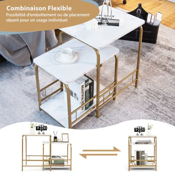 Lot de 2 Tables Basses Gigognes Modernes en Effet Marbre avec Structures en Acier pour Salon Chambre Bureau Blanc et Doré