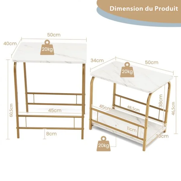 Lot de 2 Tables Basses Gigognes Modernes en Effet Marbre avec Structures en Acier pour Salon Chambre Bureau Blanc et Doré