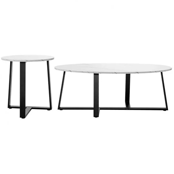 Lot de 2 Tables Basses Gigognes Ovale + Ronde Marbré Style Scandinave Pieds en Métal Blanc