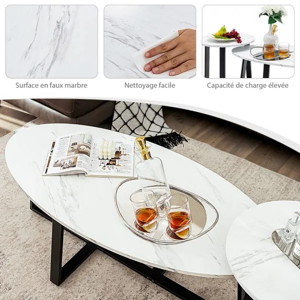 Lot de 2 Tables Basses Gigognes Ovale + Ronde Marbré Style Scandinave Pieds en Métal Blanc