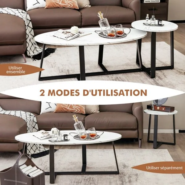 Lot de 2 Tables Basses Gigognes Ovale + Ronde Marbré Style Scandinave Pieds en Métal Blanc