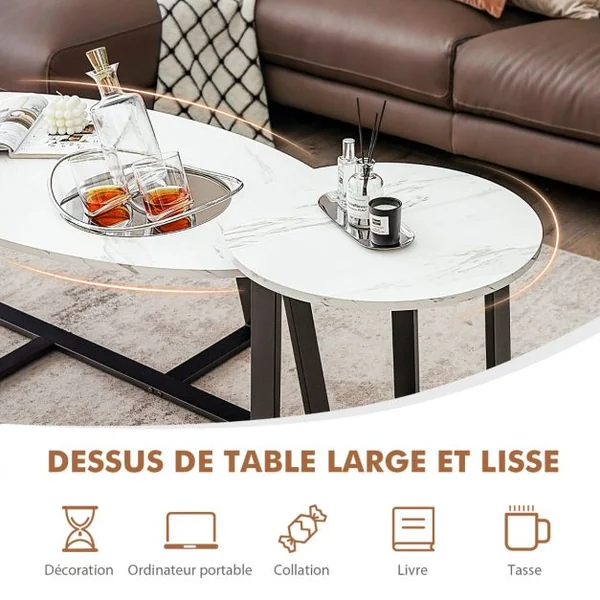 Lot de 2 Tables Basses Gigognes Ovale + Ronde Marbré Style Scandinave Pieds en Métal Blanc