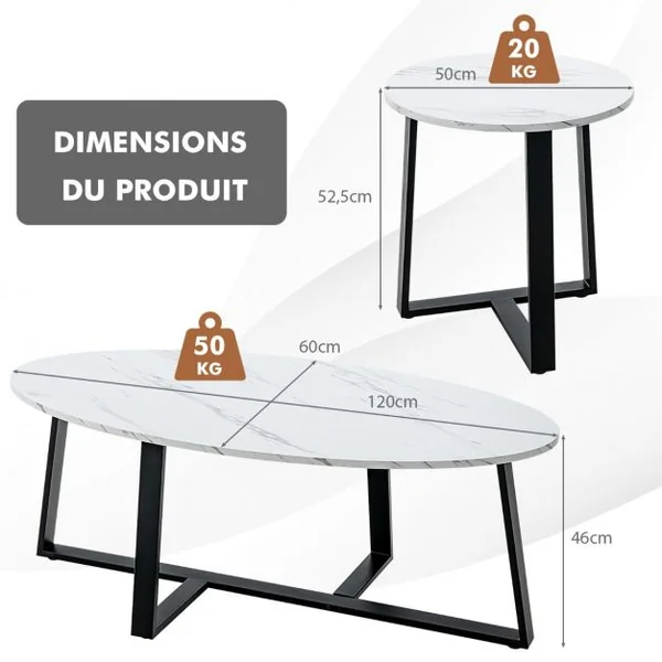 Lot de 2 Tables Basses Gigognes Ovale + Ronde Marbré Style Scandinave Pieds en Métal Blanc