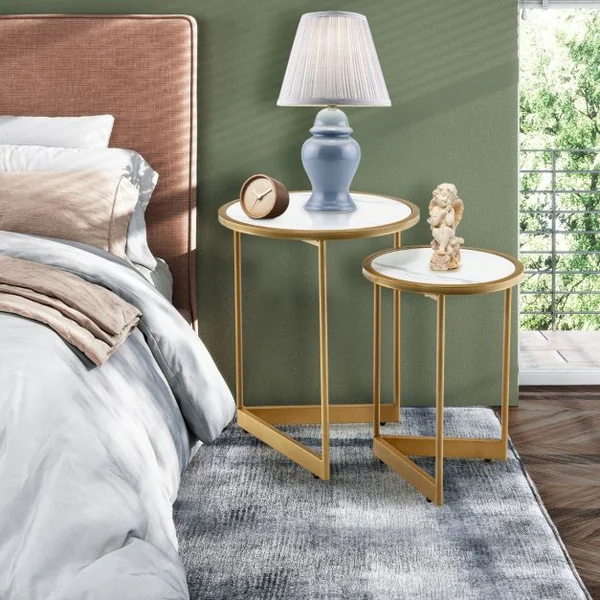 Lot de 2 Tables Basses Gigognes Rondes Tables d'Appoint Scandinaves avec Base en forme de V et Coussinets de Pied Réglables Blanc