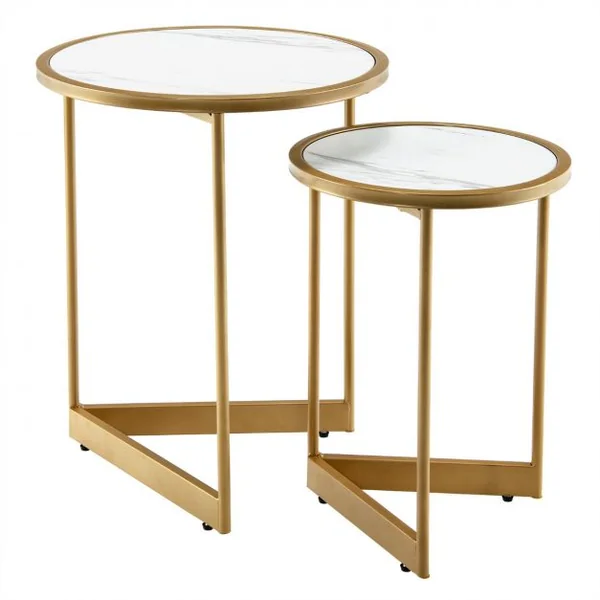 Lot de 2 Tables Basses Gigognes Rondes Tables d'Appoint Scandinaves avec Base en forme de V et Coussinets de Pied Réglables Blanc