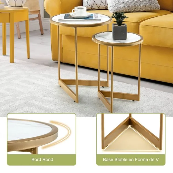 Lot de 2 Tables Basses Gigognes Rondes Tables d'Appoint Scandinaves avec Base en forme de V et Coussinets de Pied Réglables Blanc