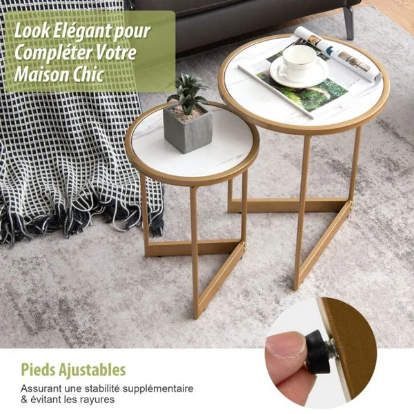 Lot de 2 Tables Basses Gigognes Rondes Tables d'Appoint Scandinaves avec Base en forme de V et Coussinets de Pied Réglables Blanc