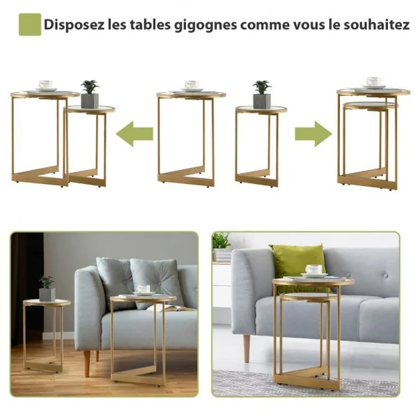 Lot de 2 Tables Basses Gigognes Rondes Tables d'Appoint Scandinaves avec Base en forme de V et Coussinets de Pied Réglables Blanc